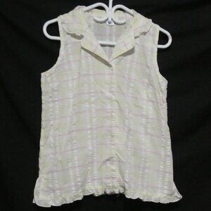 TIME OUT | small | Light Yellow Plaid Sleeveless Button-Up Shirt | Ruffle Trim